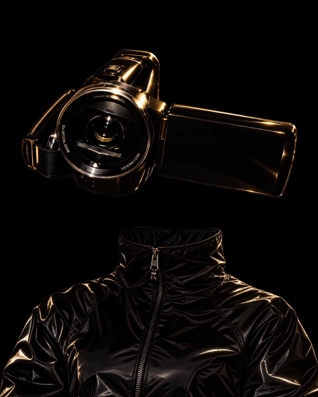 Velvet X concept: Still life: gold camcorder and patent jacket